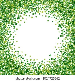 Round green frame or border of random scatter transparent clover leaves with tails. Elegant St. Patricks day design for festive banner, greeting card, postcard, invitation, flyer. Vector illustration.