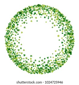 Round green frame or border of random scatter transparent clover leaves with tails. Elegant St. Patricks day design for festive banner, greeting card, postcard, invitation, flyer. Vector illustration.