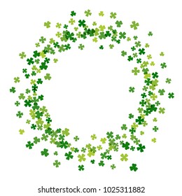 Round green frame or border of random scatter transparent clover leaves. Elegant St. Patricks day design for festive banner, greeting card, postcard, invitation, flyer, poster. Vector illustration.