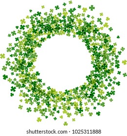 Round green frame or border of random scatter transparent clover leaves. Elegant St. Patricks day design for festive banner, greeting card, postcard, invitation, flyer, poster. Vector illustration.