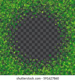 Round green frame or border of random scatter transparent clover leaves with tails. Elegant St. Patricks day design for festive banner, greeting card, postcard, invitation, flyer. Vector illustration.
