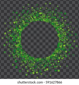 Round green frame or border of random scatter transparent clover leaves with tails. Elegant St. Patricks day design for festive banner, greeting card, postcard, invitation, flyer. Vector illustration.