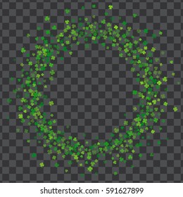 Round green frame or border of random scatter transparent clover leaves with tails. Elegant St. Patricks day design for festive banner, greeting card, postcard, invitation, flyer. Vector illustration.