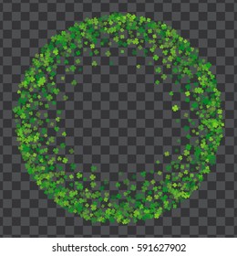 Round green frame or border of random scatter transparent clover leaves with tails. Elegant St. Patricks day design for festive banner, greeting card, postcard, invitation, flyer. Vector illustration.