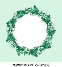 Round green frame made of palm leaves. Vector flat design elements