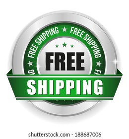 Round Green Free Shipping Badge With Ribbon And Metallic Border