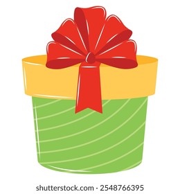Round green gift box with red bow for Christmas, Vector