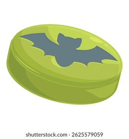 Round green halloween candy with black bat showing from above