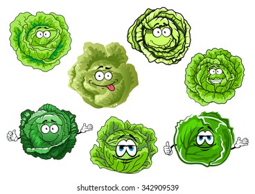 Round green heads of cabbage vegetables cartoon characters with crunchy juicy leaves and happy faces, for agriculture harvest design