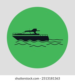 A round green icon with a black boat silhouette. Vector on a gray background