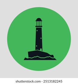 Icono verde redondo con silueta de faro negro. Vector sobre un fondo gris
