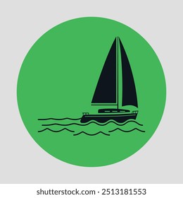 Round green icon with black silhouette of a sailing yacht. Vector on a gray background