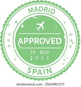 Round green immigration visa stamp for Madrid, Spain, with airplane icon, approved status, date, and decorative stars, suggesting international travel and tourism