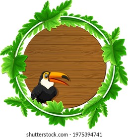 Round green leaves banner template with a toucan cartoon character illustration