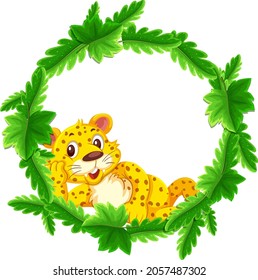 Round green leaves banner template with a leopard cartoon character illustration