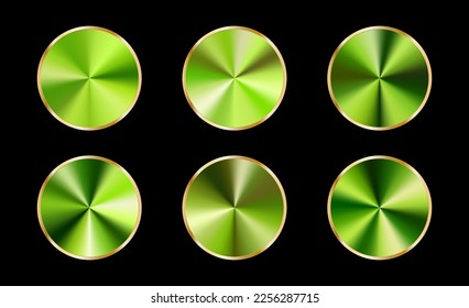 Round green metal button or knob. Realistic texture.3d vector illustration isolated on black background.