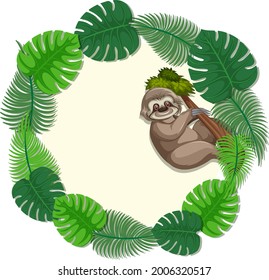 Round green monstera leaves banner template with a sloth cartoon character illustration