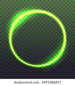 Round green neon frame on transparent background. Blank glowing ring vector illustration