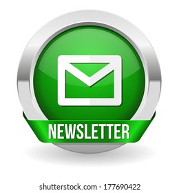 Round green newsletter button with ribbon and metallic border