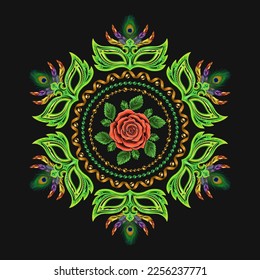 Round green pattern like mandala for Carnival. Masquerade mask, colorful feathers, peacock feather, spiral ribbons, streamers, beads, rose. For prints, clothing, back of t shirt, plate, surface design