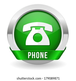 Round green phone button with ribbon and metallic border