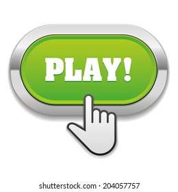 Round green play button with cursor on white background