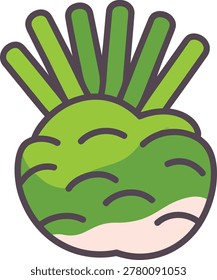 Round green root vegetable with green stalks and white bottom