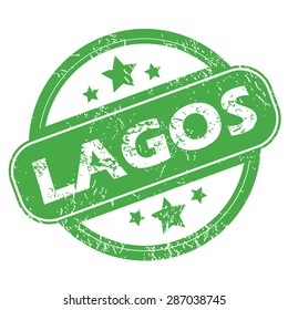 Round green rubber stamp with name Lagos and stars, isolated on white