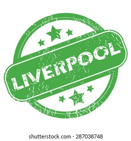 Round green rubber stamp with name Liverpool and stars, isolated on white