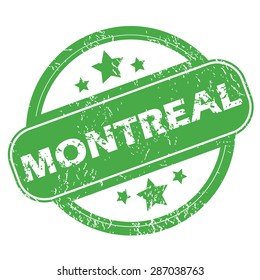 Round green rubber stamp with name Montreal and stars, isolated on white