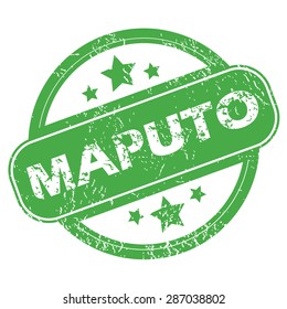 Round green rubber stamp with name Maputo and stars, isolated on white