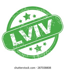 Round green rubber stamp with name Lviv and stars, isolated on white
