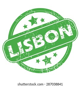 Round green rubber stamp with name Lisbon and stars, isolated on white