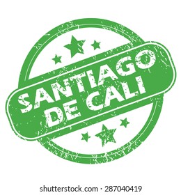 Round green rubber stamp with name Santiago De Cali and stars, isolated on white