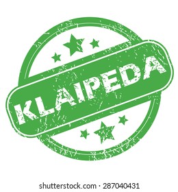 Round green rubber stamp with name Klaipeda and stars, isolated on white
