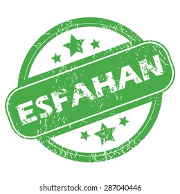 Round green rubber stamp with name Esfahan and stars, isolated on white