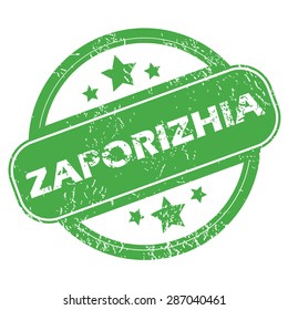 Round green rubber stamp with name Zaporizhia and stars, isolated on white