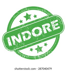 Round green rubber stamp with name Indore and stars, isolated on white
