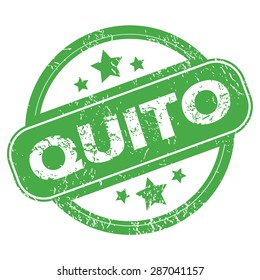 Round green rubber stamp with name Quito and stars, isolated on white