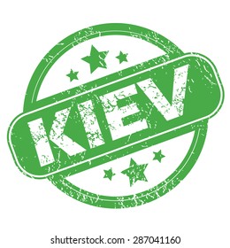 Round green rubber stamp with name Kiev and stars, isolated on white