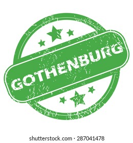 Round green rubber stamp with name Gothenburg and stars, isolated on white