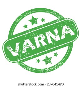 Round green rubber stamp with name Varna and stars, isolated on white