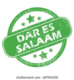 Round green rubber stamp with name Dar Es Salaam and stars, isolated on white