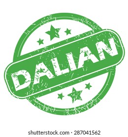 Round green rubber stamp with name Dalian and stars, isolated on white