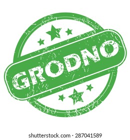 Round green rubber stamp with name Grodno and stars, isolated on white