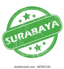 Round green rubber stamp with name Surabaya and stars, isolated on white