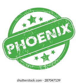 Round green rubber stamp with name Phoenix and stars, isolated on white