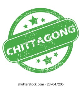 Round green rubber stamp with name Chittagong and stars, isolated on white