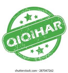 Round green rubber stamp with name Qiqihar and stars, isolated on white