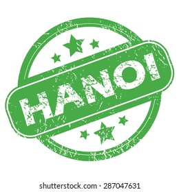 Round green rubber stamp with name Hanoi and stars, isolated on white